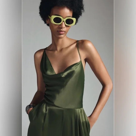 Anthropology Satin Green Jumpsuit Size 8 Wide Leg Strappy Back Elegant Evening